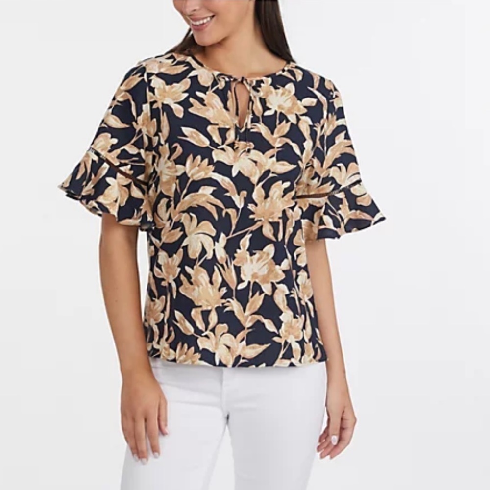 Ellen Tracy Women's Linen Blend Tie Neck Top Medium, NAVY FLORAL NWT
